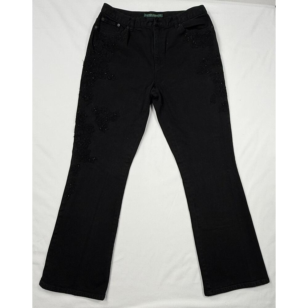 90s Vintage Ralph Lauren Black Bootcut Jeans Lace Detailing Sz 12 cotton - Picture 1 of 13